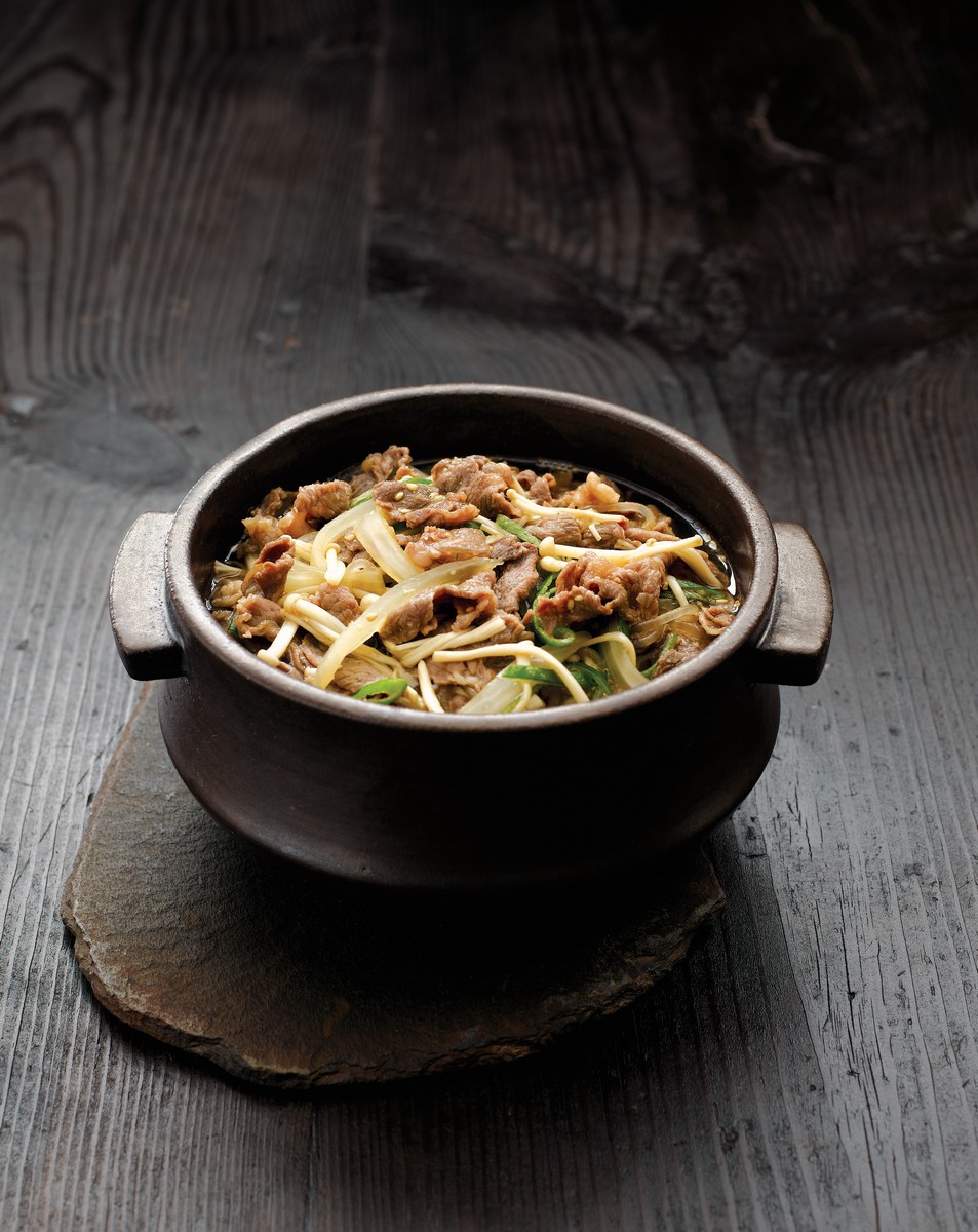 Bulgogi. Stripped or shredded beef marinated with soy sauce-based condiments and grilled.
