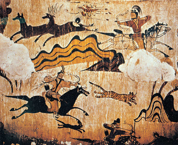 A Painting of Hunting Scenes in the Tomb of the Dancers (Goguryeo, 5th Century) Dynamic hunting activities of the people of Goguryeo